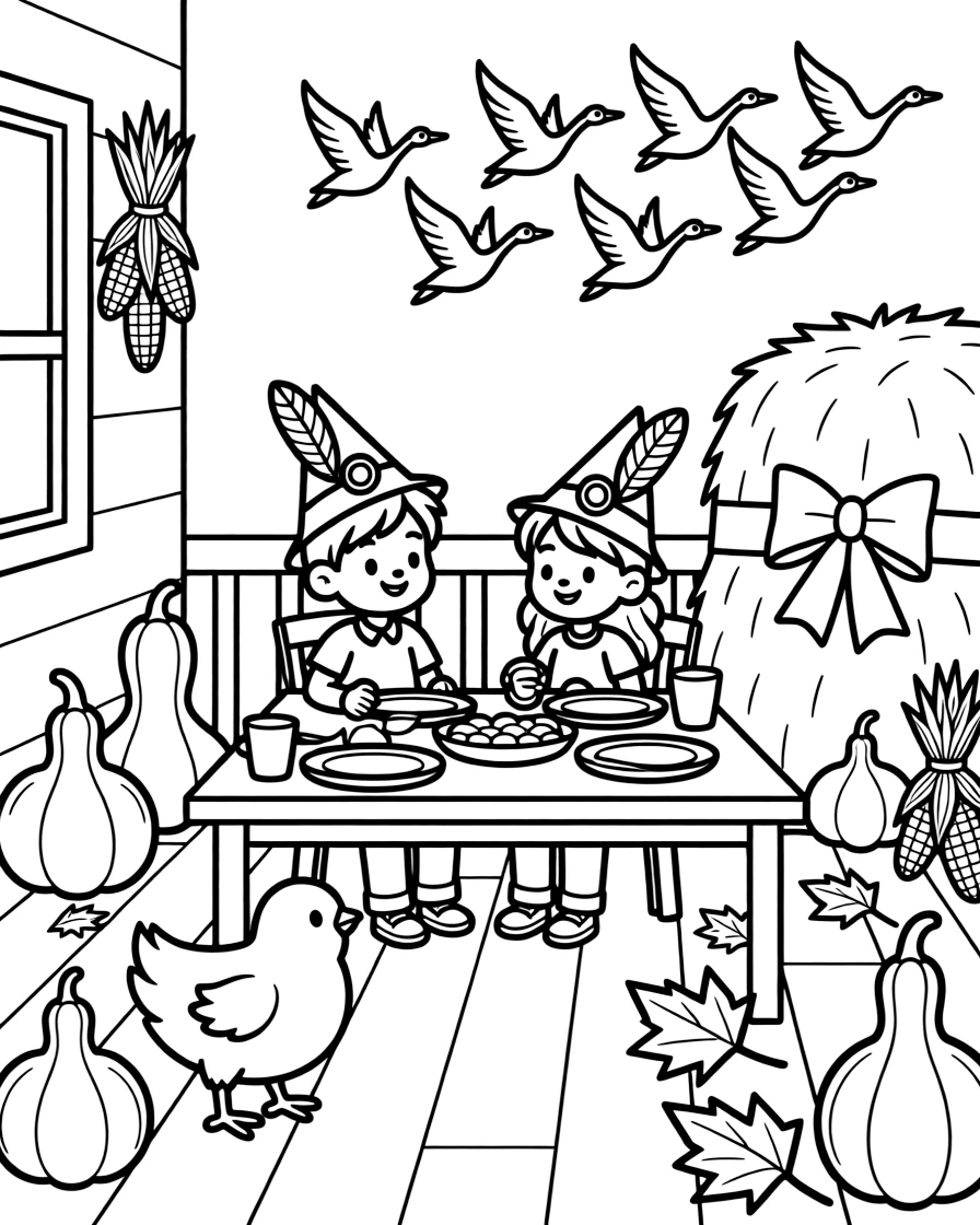 A tiny chick admiring children in paper turkey hats at the table on a porch decorated with gourds and dried corn husks, near a flock of geese flying south and a hay bale decorated with a bow.