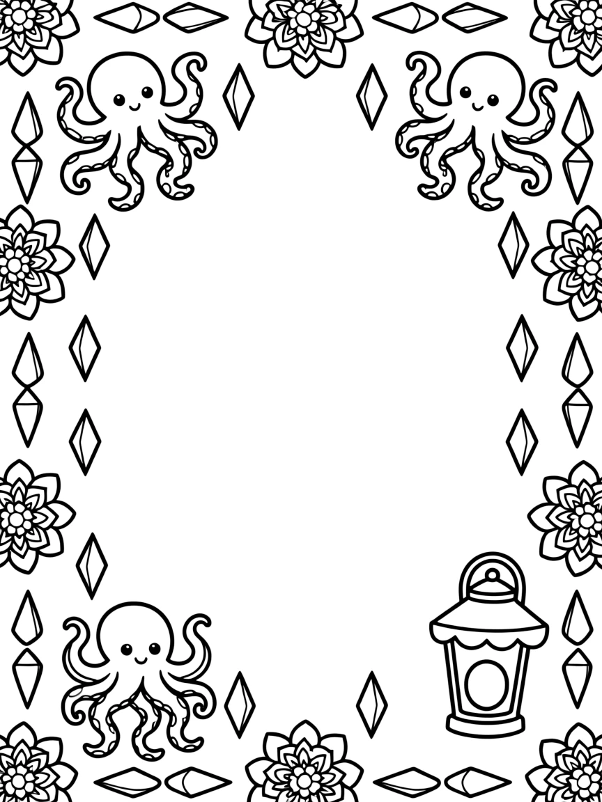 Ocean Creatures: The page centers on a repeating motif of a curious octopus with eight curling arms, built around a blooming flower-shaped mandala with layered petal rings. The motif is arranged evenly around the four edges of the page, forming a continuous decorative frame around a clear center space. Decorative details fill the surrounding space, including rows of teardrop-shaped petals, angular crystal facets, and layered flower rosettes woven throughout the background. A playful extra touch completes the page: a little lantern glowing softly in one corner of the pattern.
