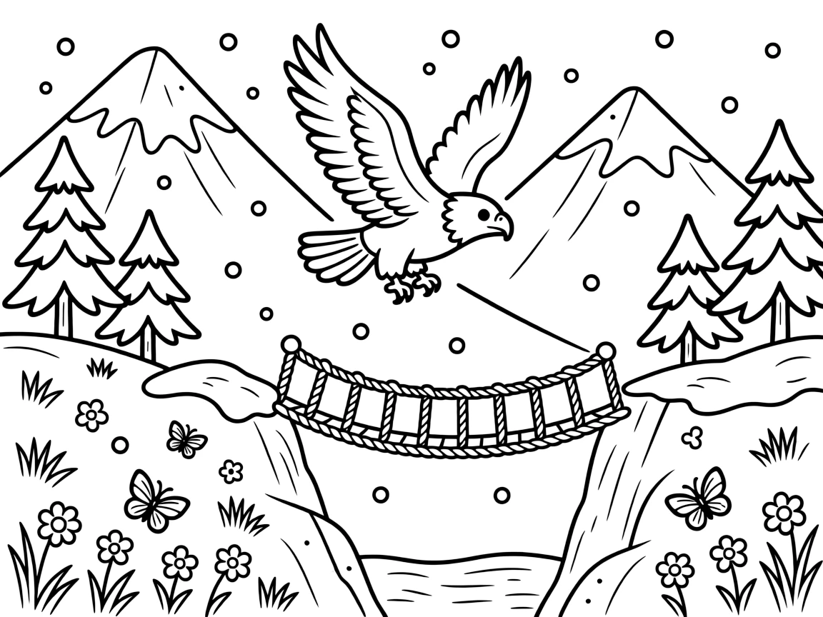 [Mountain Peaks] An eagle soars above jagged cliffs, wings spread wide against the towering mountain backdrop. Colorful alpine flowers dot the slopes as butterflies drift between patches of wild grass. A rope bridge stretches across a deep ravine, connecting two rocky cliffs dotted with pine trees. Fresh snowflakes drift down over the mountainside, dusting the rocks and pine branches.