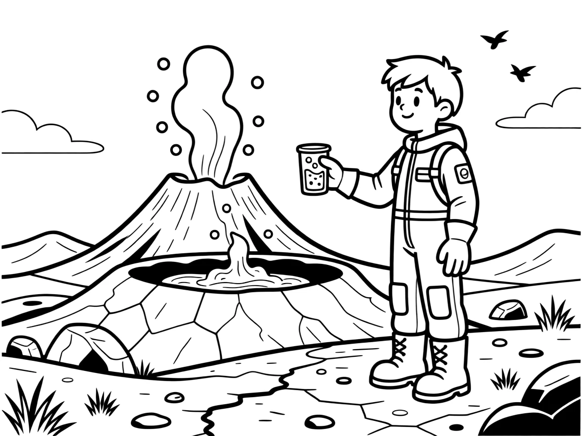 A volcanologist studies a bubbling volcano from a safe distance, holding a heat-resistant sample container.