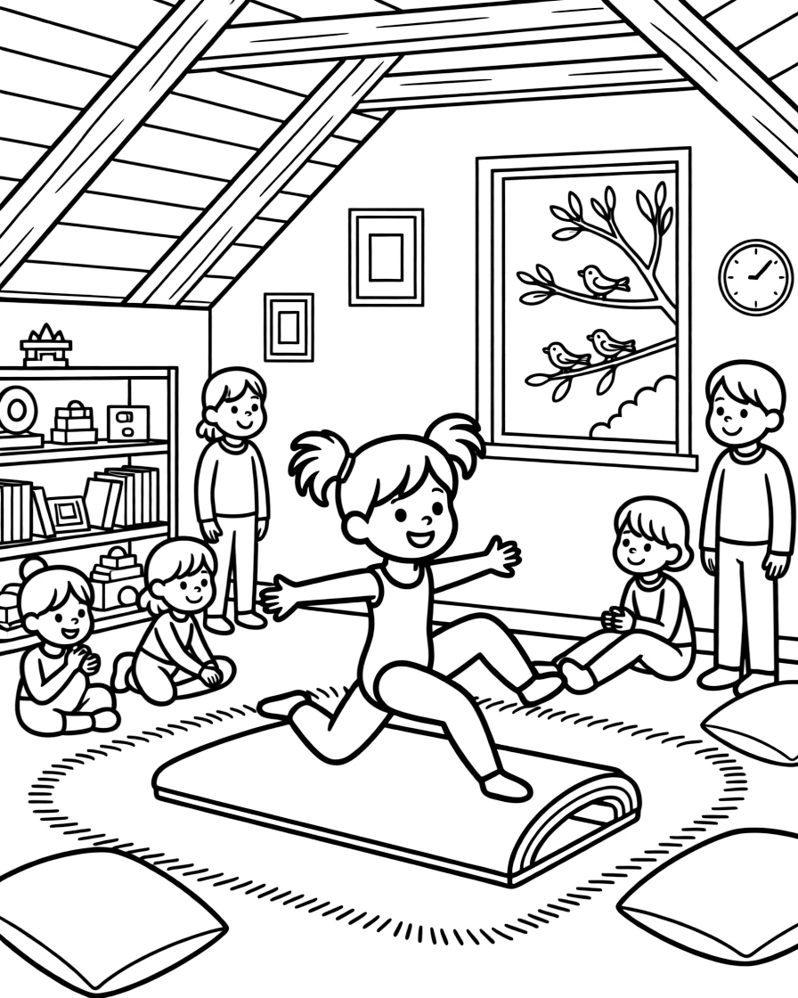 A girl in pigtails tumbling on gymnastics mats with a blended family in an attic playroom as birds chirp in a nearby tree.