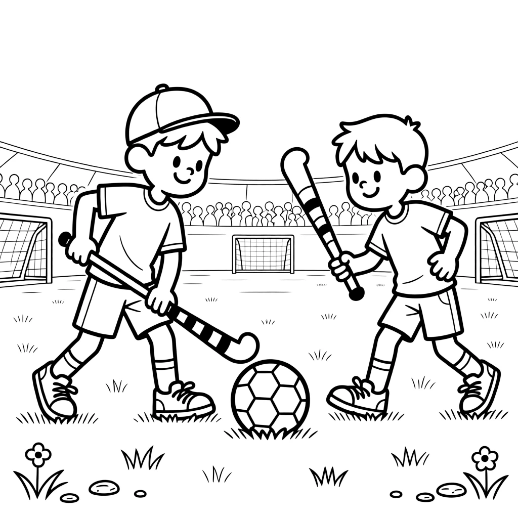 A confident boy wearing a bright cap, tackling for the ball at midfield, sticks clashing gently in a friendly match.
