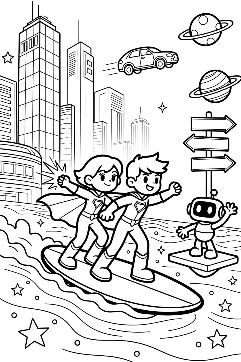 Twin superhero siblings Ruby (sound-blasting) and Astra (super-fast) riding a jet-powered surfboard across a sea of liquid starlight, in a bustling futuristic city with towering glass skyscrapers and flying cars, with a floating signpost pointing to distant planets and a small robot sidekick cheering nearby.