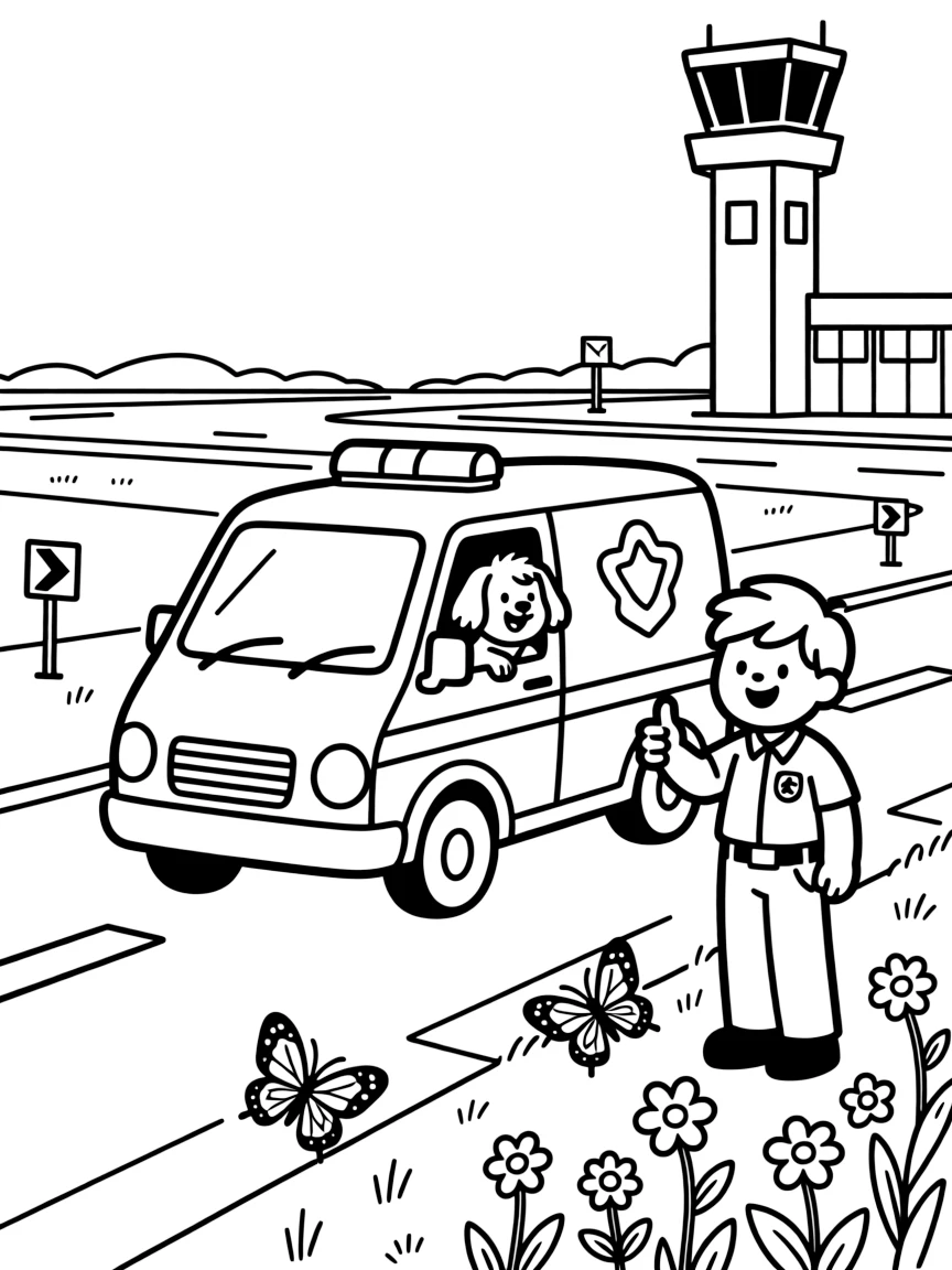 A K9 police van with a little dog peeking out the window is shown journeying through a busy airport runway with a control tower in the distance, with a smiling paramedic giving a thumbs up close by and butterflies fluttering near a patch of wildflowers completing the lively scene.