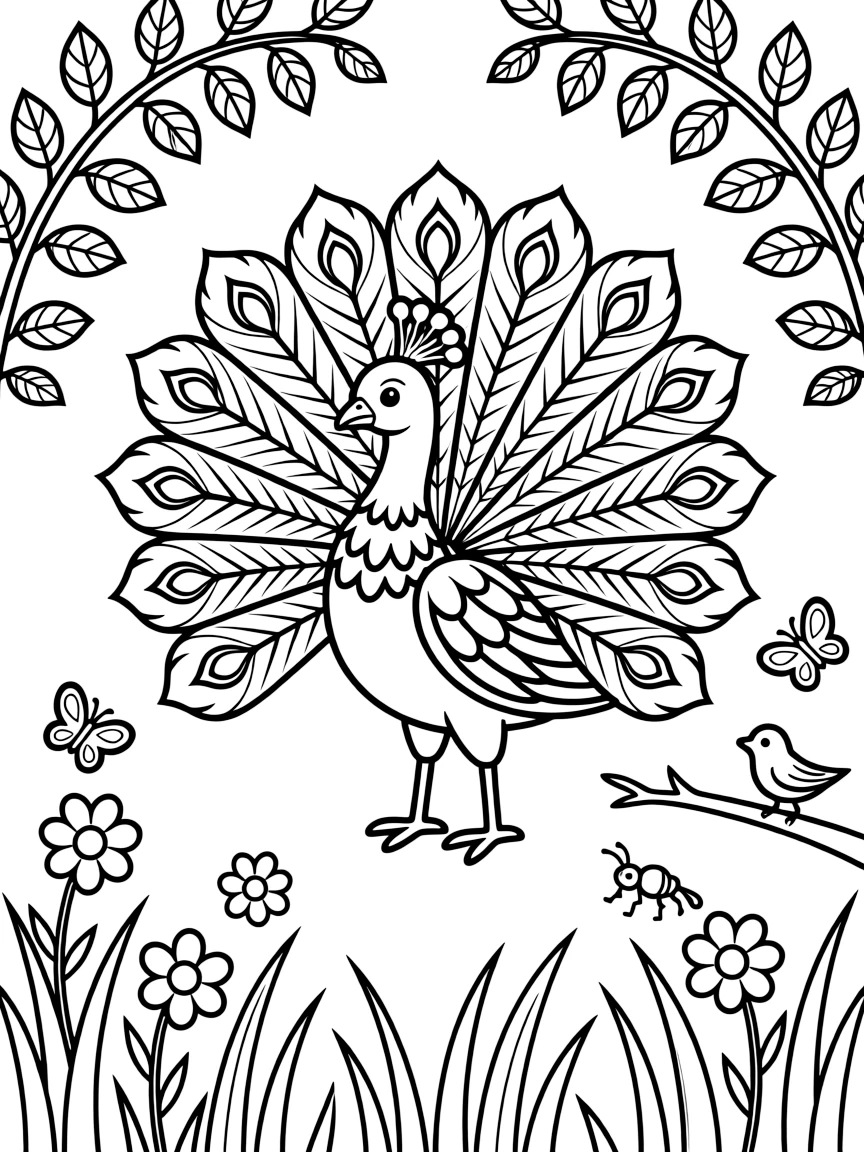 A coloring page spotlighting a peacock with its tail feathers fanned open in a garden in India, framed by leafy branches, tall grass, and a few playful smaller creatures nearby.