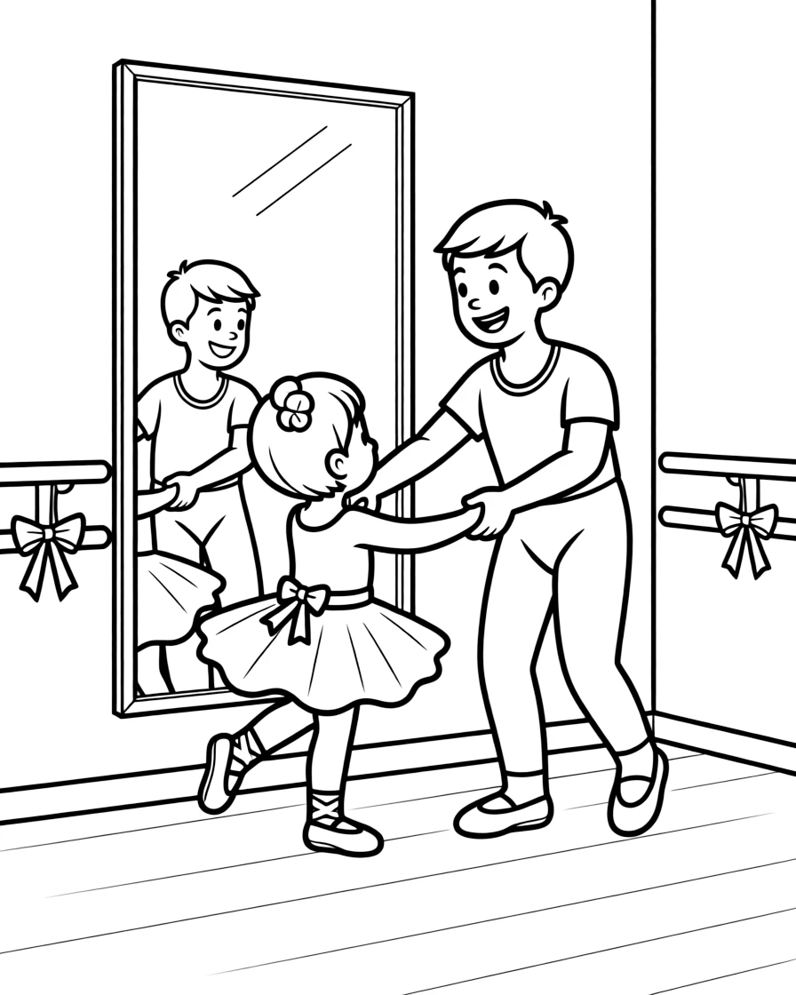 a giggling older brother and his little sister twirls in a colorful costume during a ballet class in front of a mirror.
