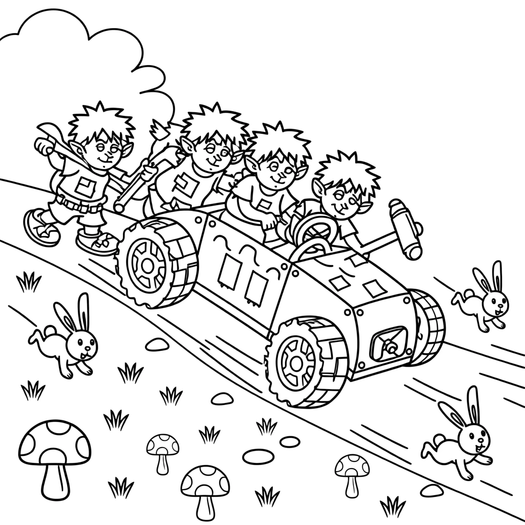 A troop of goblins build a rickety go-kart from scrap metal and race it down a hillside, scattering mushrooms and startled rabbits.