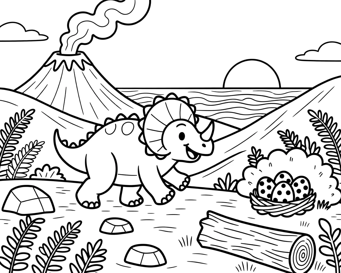 [Dinosaurs] a friendly triceratops stomping through a fern-covered valley near an active volcano puffing smoke in the distance. In the background, a nest of speckled eggs sits tucked in the brush, adding extra fun to explore. Scattered rocks and fallen logs add texture to the ground. It all happens at sunset, with heat waves shimmering in the distance.
