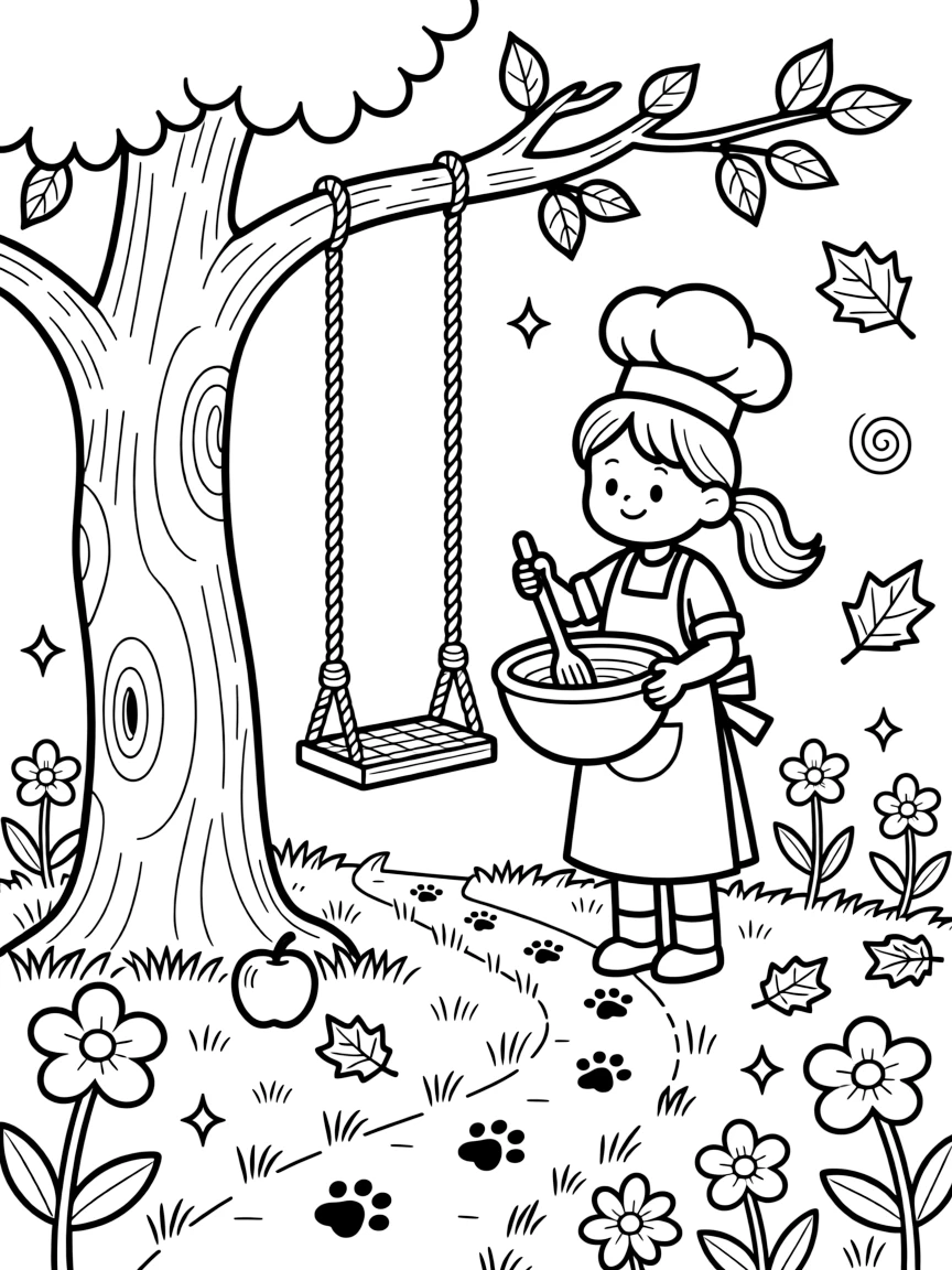 A girl chef stirring a giant mixing bowl is tending a garden of glowing enchanted flowers in an orchard swing hanging from an old apple tree. All around, a trail of tiny paw prints leading away and swirling autumn leaves in every color add to the delightful moment.