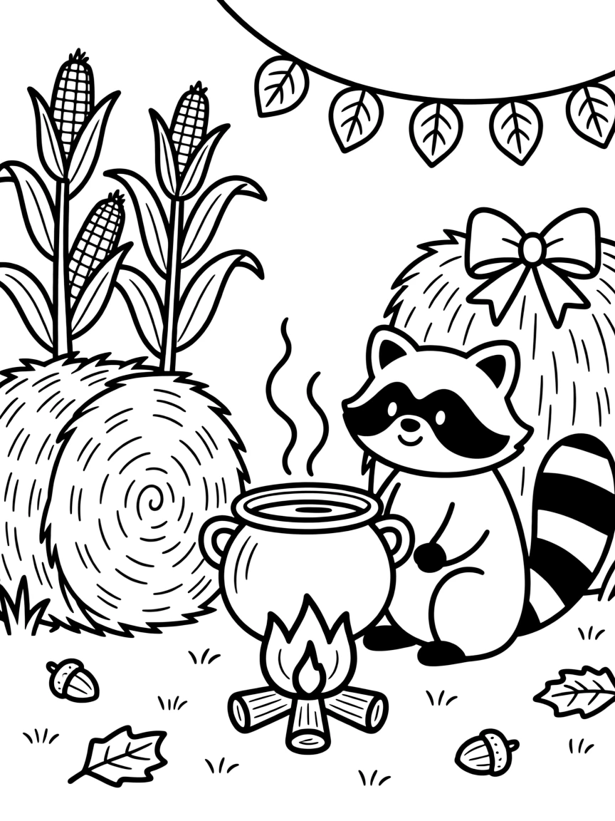 A round raccoon admiring a steaming pot boiling syrup over a fire at a rustic harvest fair with hay bales and corn stalks, near a hay bale decorated with a bow and a string of paper leaf garlands.