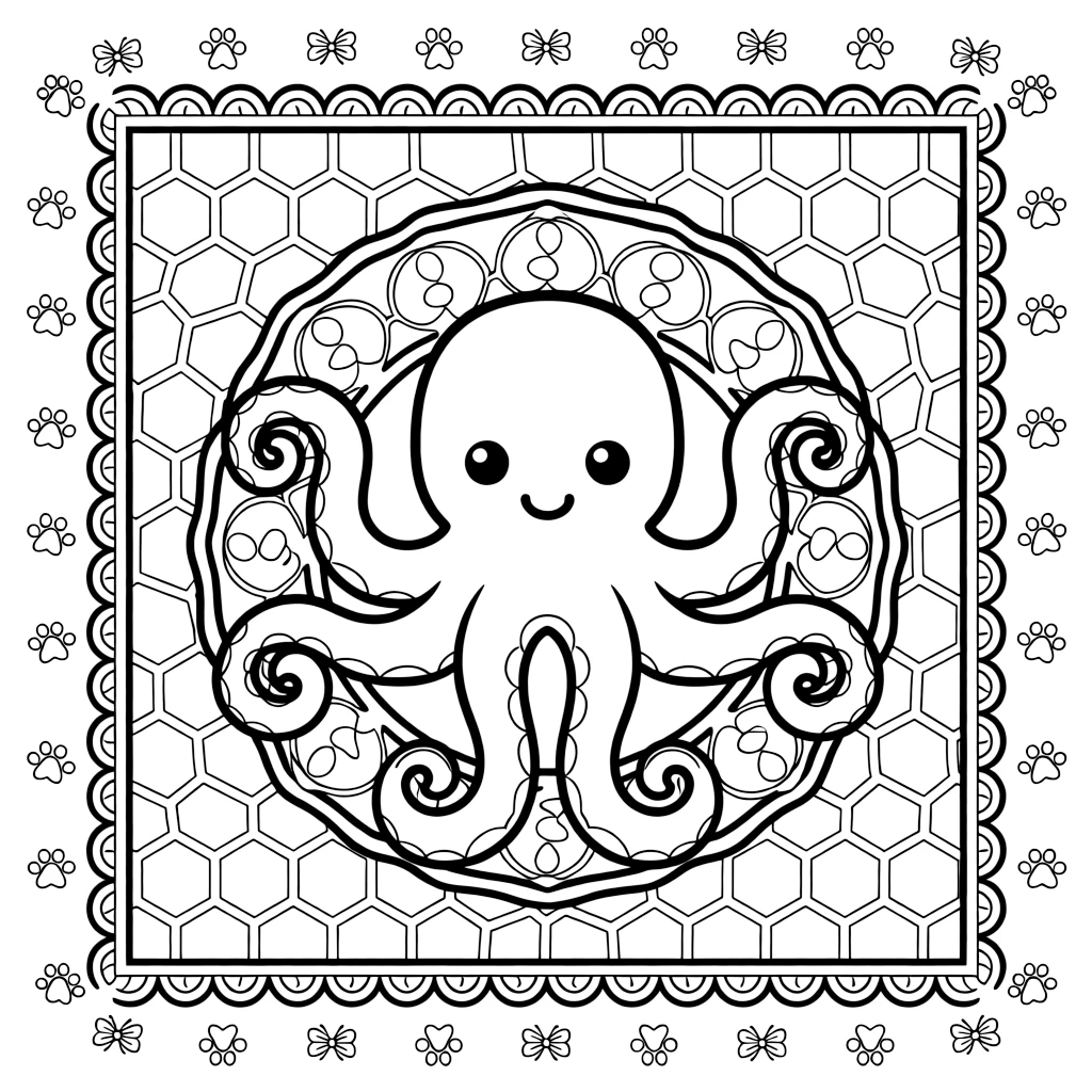 Ocean Creatures: The page presents a small themed scene built around a curious octopus with eight curling arms, tied together by a spiral mandala that winds gently from center to edge. The scene is set within a framed scene where every element on one side is echoed by a twin on the opposite side. Decorative details fill the surrounding space, including a field of tiny honeycomb cells, delicate lace-edged fringes, and loops shaped like small bows woven throughout the background. A playful extra touch completes the page: a trail of small paw prints wandering along the outer edge.