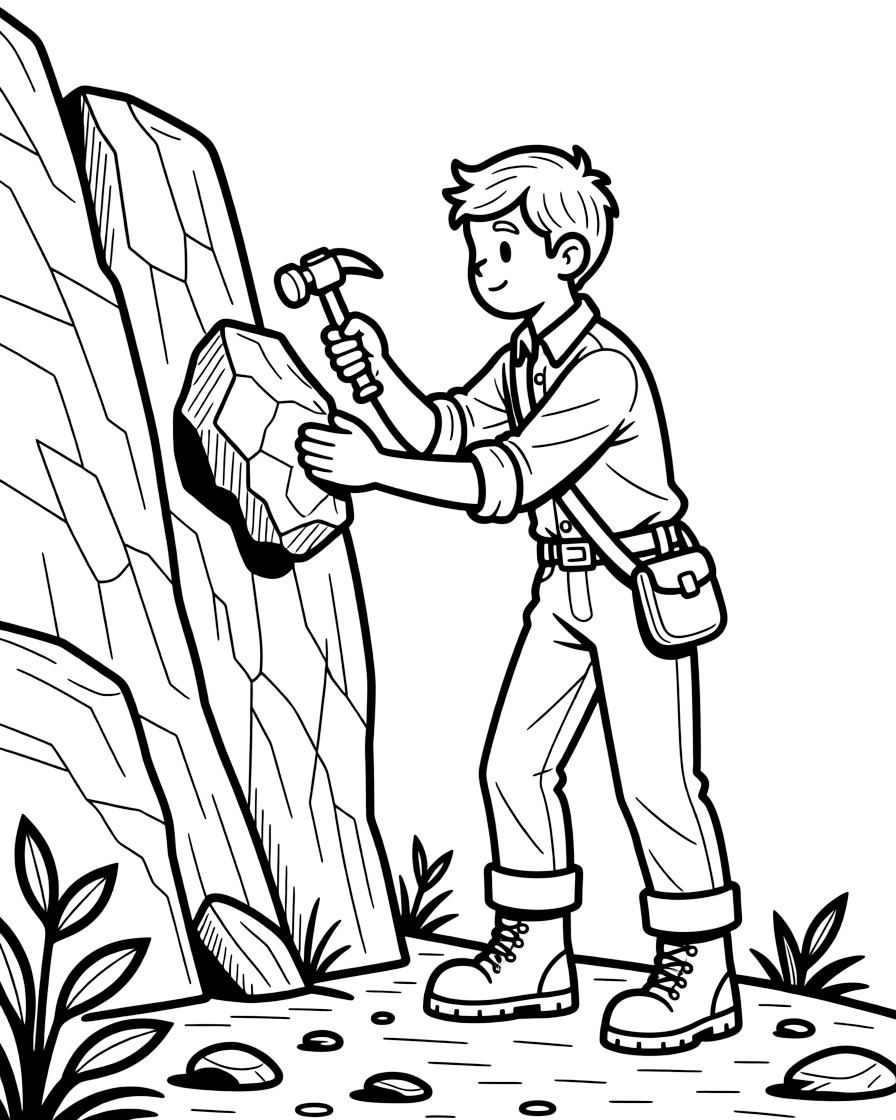 A geologist chips a rock sample from a cliffside with a small hammer and pouch.