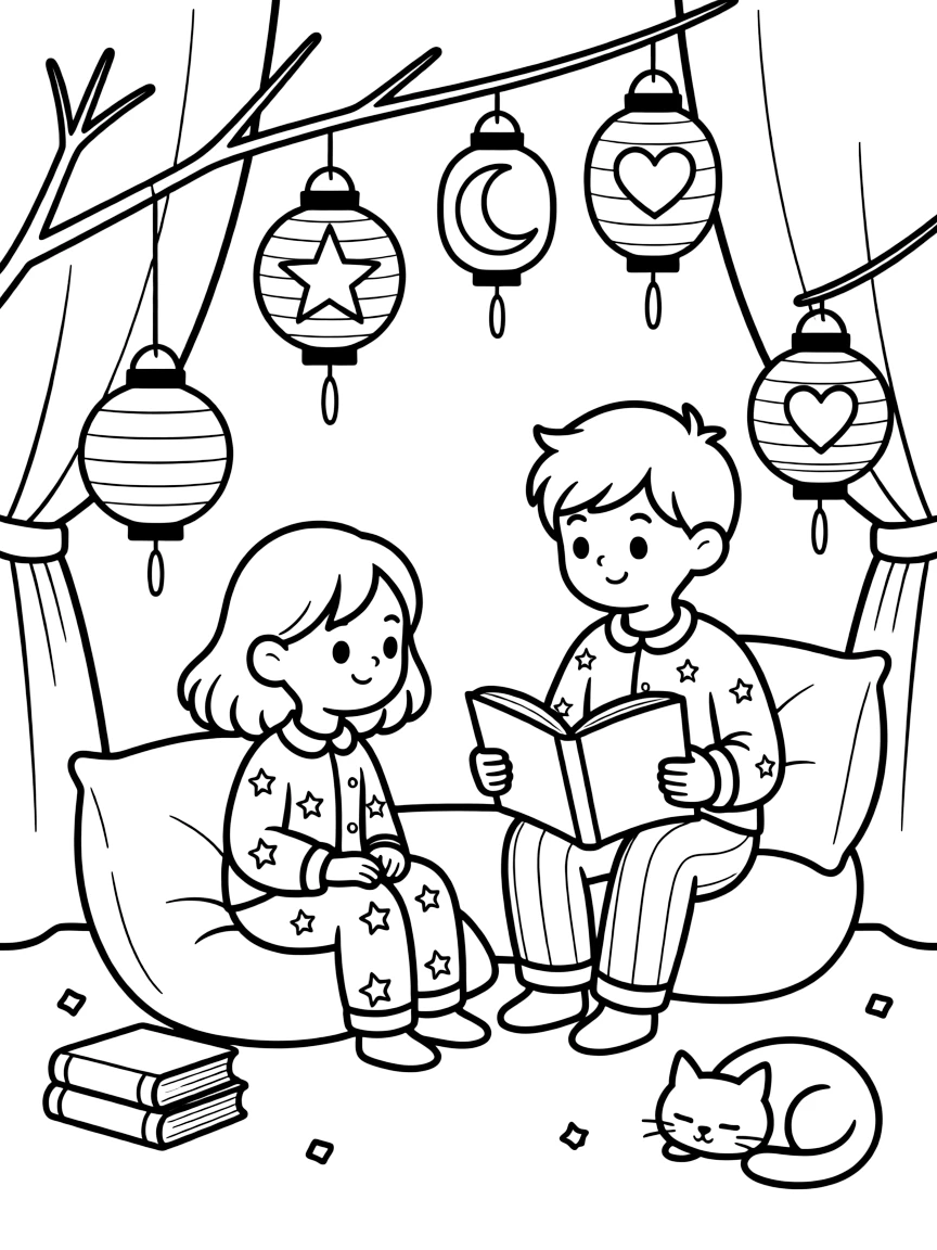A quiet girl listening to a bedtime story with a big brother with paper lanterns swaying gently.