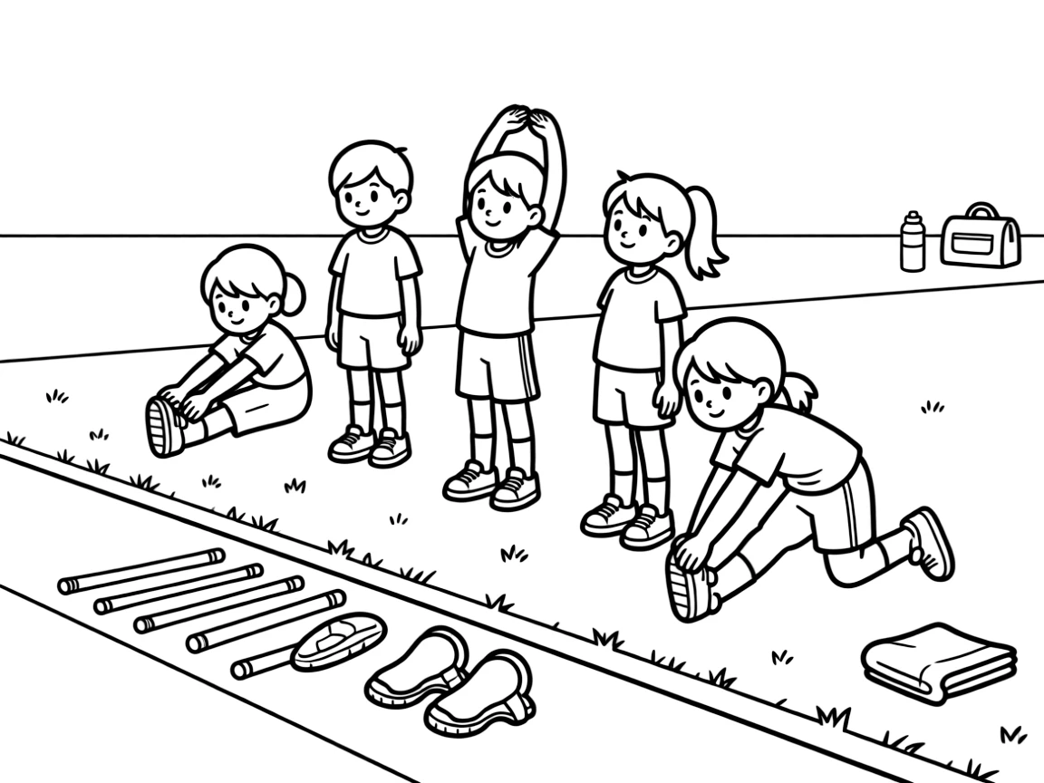 A group of classmates, warming up with stretches on the sideline, sticks and shin guards laid out nearby.