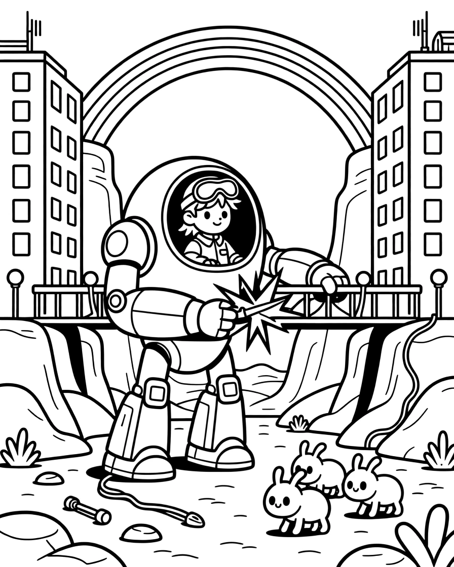 Young pilot Juno riding inside the friendly giant mech Star-Titan fixing a broken light beam bridge between two skyscraper towers, in a red desert planet with towering rock canyons, with a rainbow bridge arching over a canyon and a herd of gentle six-legged alien creatures grazing nearby nearby.