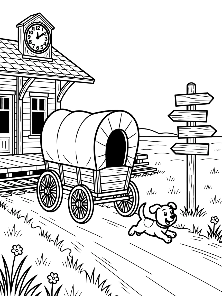 A covered wagon with wooden wheels crossing the prairie is shown journeying through a historic train station platform with a big round clock, with an excited puppy chasing along the road close by and an old wooden signpost pointing to faraway towns completing the lively scene.