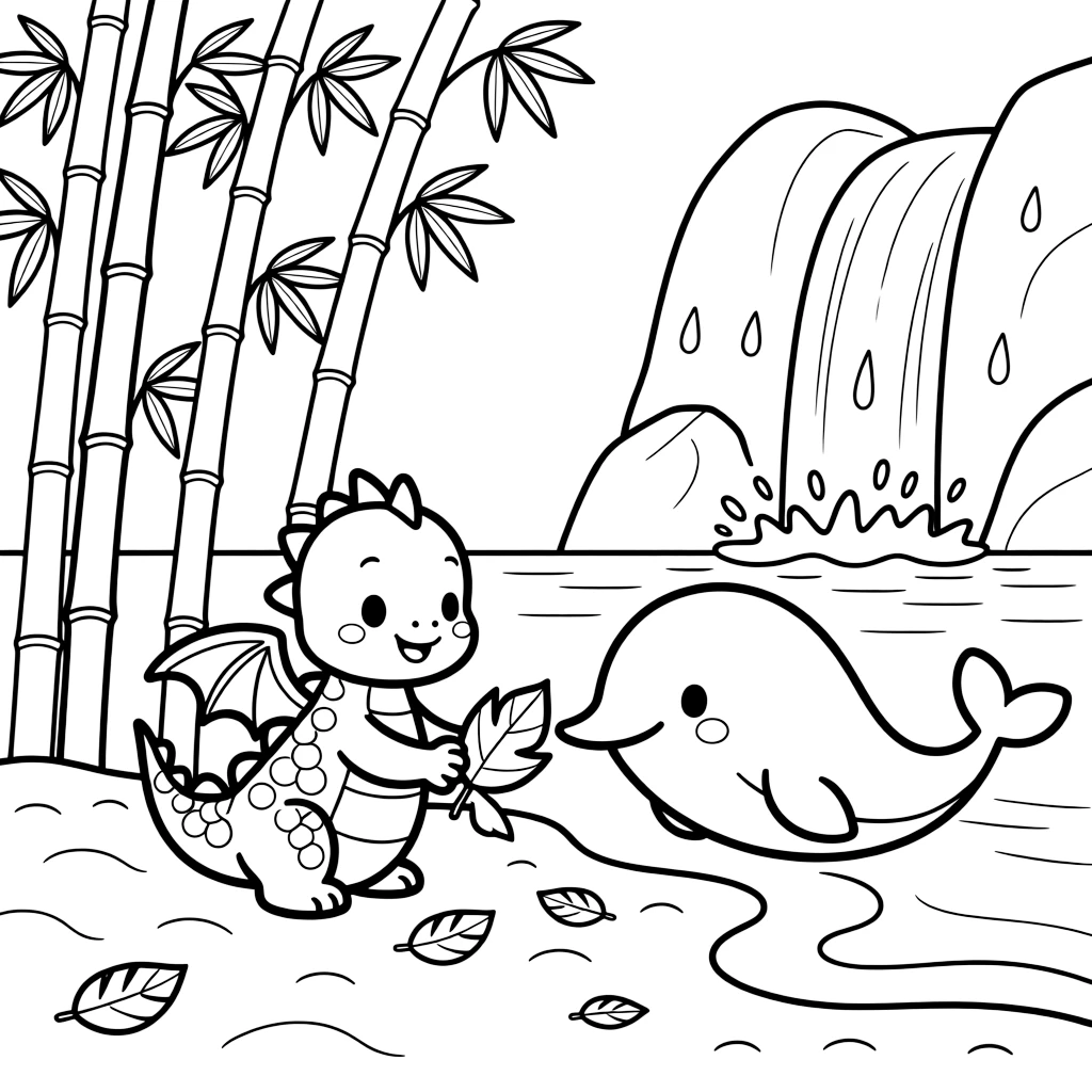 A baby dragon on a tropical beach at sunset, helping gather fallen leaves with a narwhal, next to a tall bamboo grove, as a gentle waterfall splashes in the background.