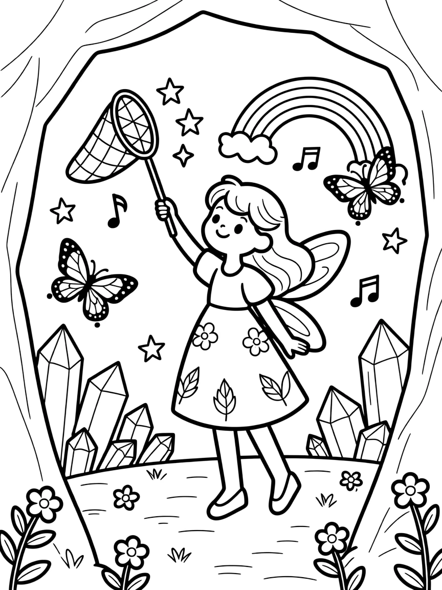 Adventurous and full of excitement, a spring blossom fairy spends the day fishing for shooting stars with a butterfly net in a cavern glittering with crystal formations. Nearby, a rainbow of butterflies fluttering by adds to the fun. Little cheers of excitement fill the air.