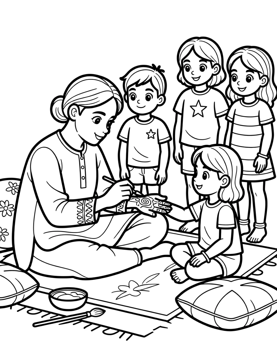 A coloring page showing a henna artist painting intricate mehndi patterns on a hand in India, admired by a group of delighted children gathered close by.