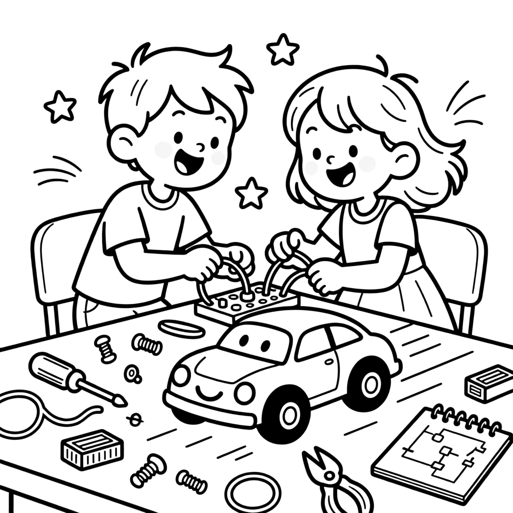 a giggling pair of best friends connects wires on a circuit board to make a toy car zoom forward.