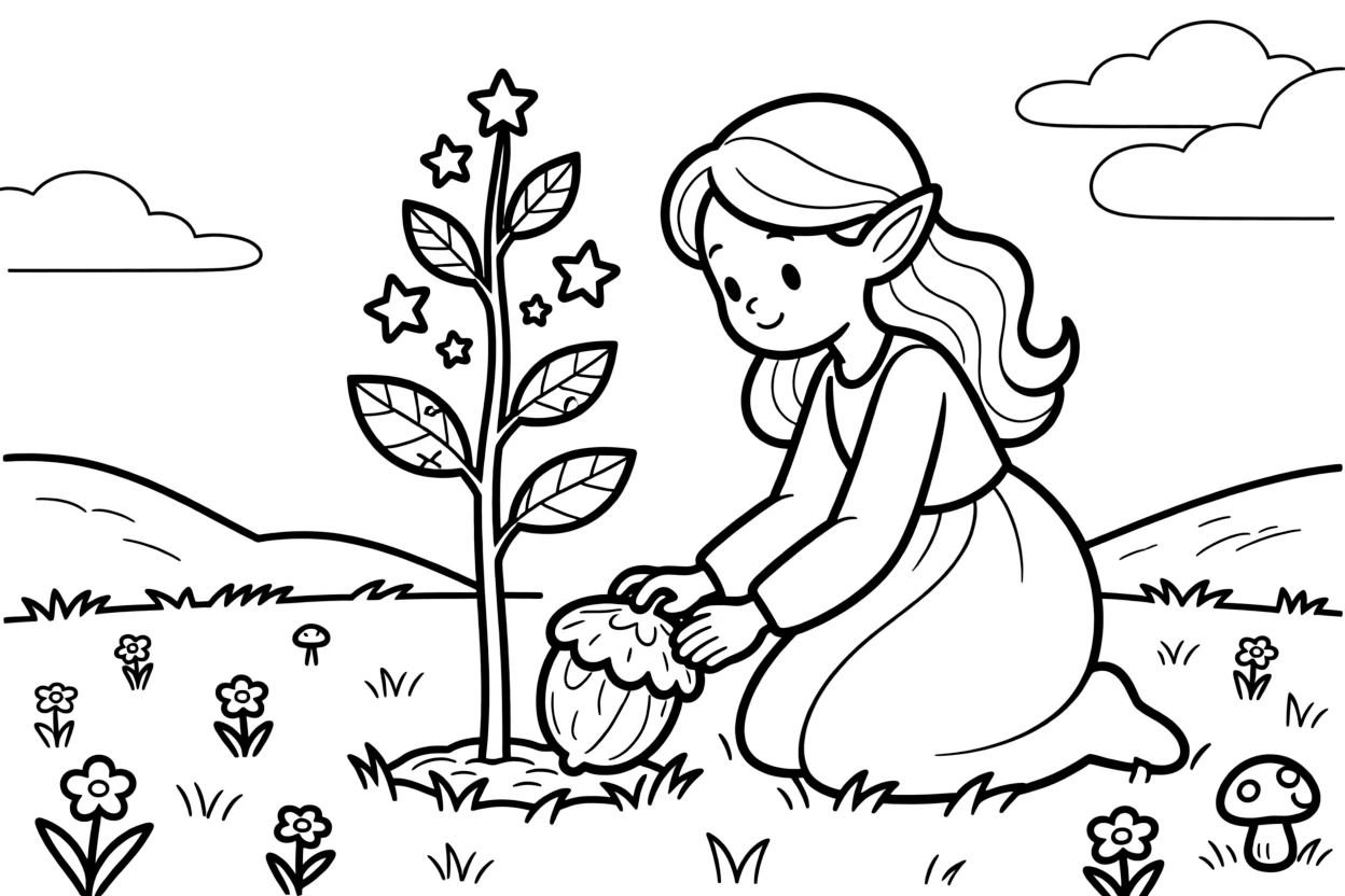 A young elf princess plants a magical acorn that instantly sprouts into a glowing sapling, its leaves shimmering like tiny stars.
