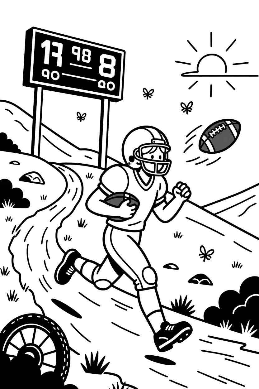 [Sports] a football running back sprinting down the field along a mountain bike trail, concentrating hard with a focused expression, while a scoreboard hangs in the background fills the surrounding area. A ball flies through the air mid-motion. Set at sunset, with fireflies beginning to glow, the page bursts with adventure and imagination.