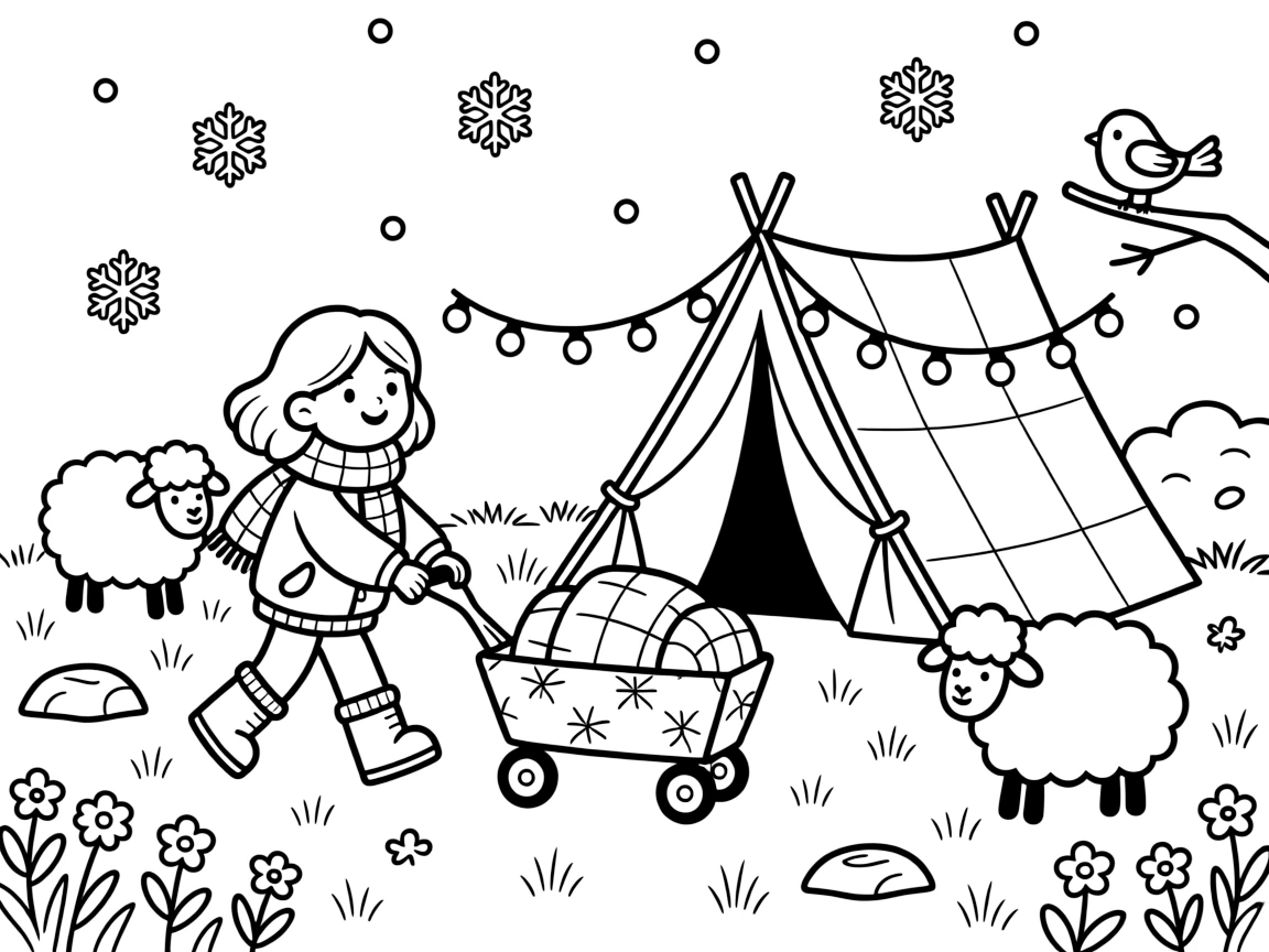A girl pulling a little red wagon is building a blanket fort strung with fairy lights in a meadow where fluffy sheep graze. All around, gently falling snowflakes and friendly songbirds perched close by add a sprinkle of wonder to the moment.
