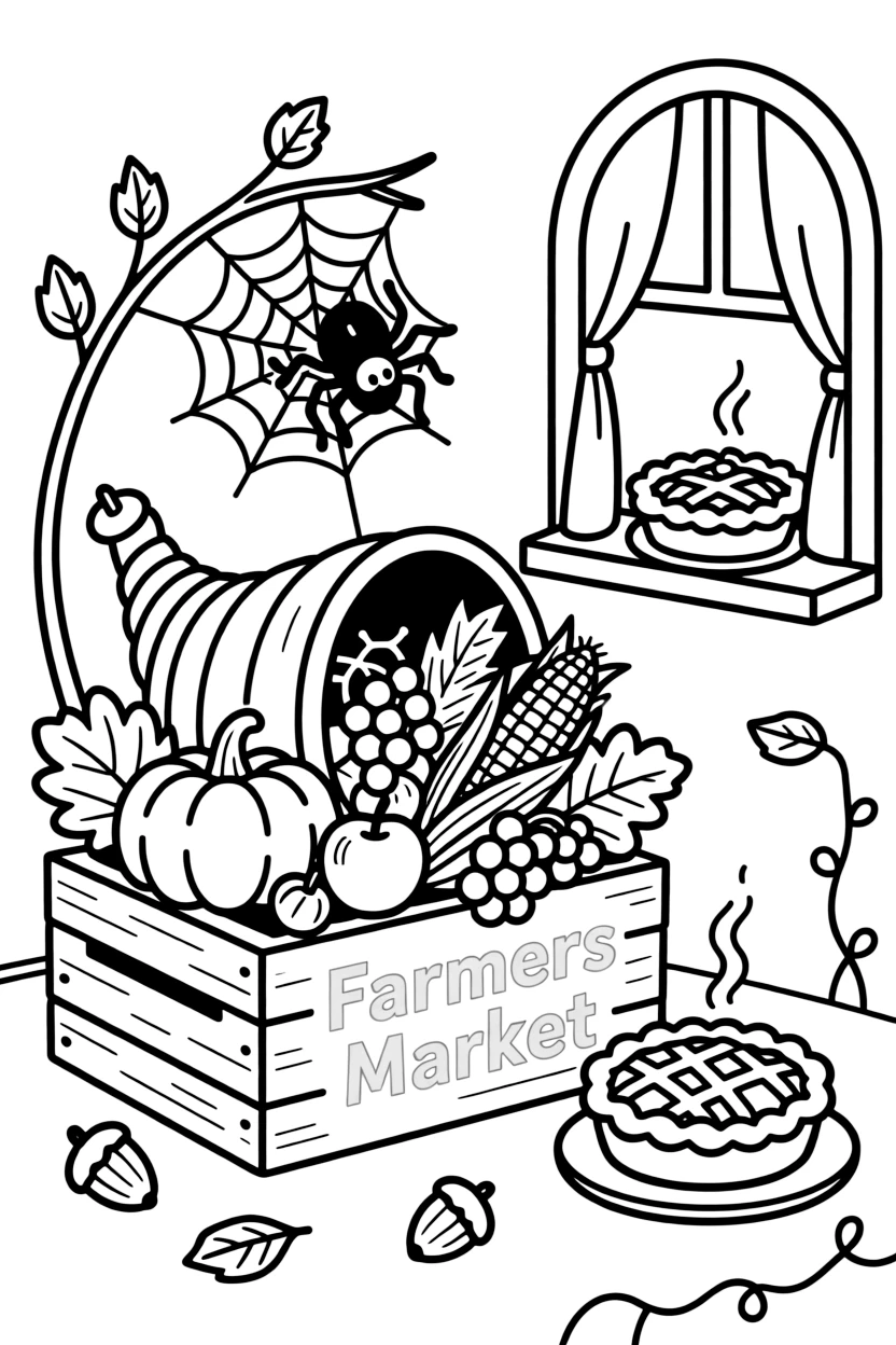A close-up of a cornucopia spilling with fruits and vegetables at a farmers market piled high with autumn vegetables, surrounded by a spider spinning a delicate web and a warm apple pie cooling on a windowsill.