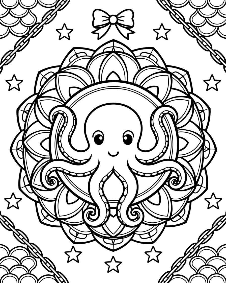Ocean Creatures: The design turns a curious octopus with eight curling arms into a kaleidoscope-style composition anchored by an oval medallion mandala framed by a double border. The imagery is arranged in a spinning ring of repeated segments, each one a slightly rotated twin of its neighbor. Decorative details fill the surrounding space, including overlapping fish-scale textures, interlocking circle chains, and clusters of small five-point stars woven throughout the background. A playful extra touch completes the page: a small ribbon bow tied neatly at the top of the design.
