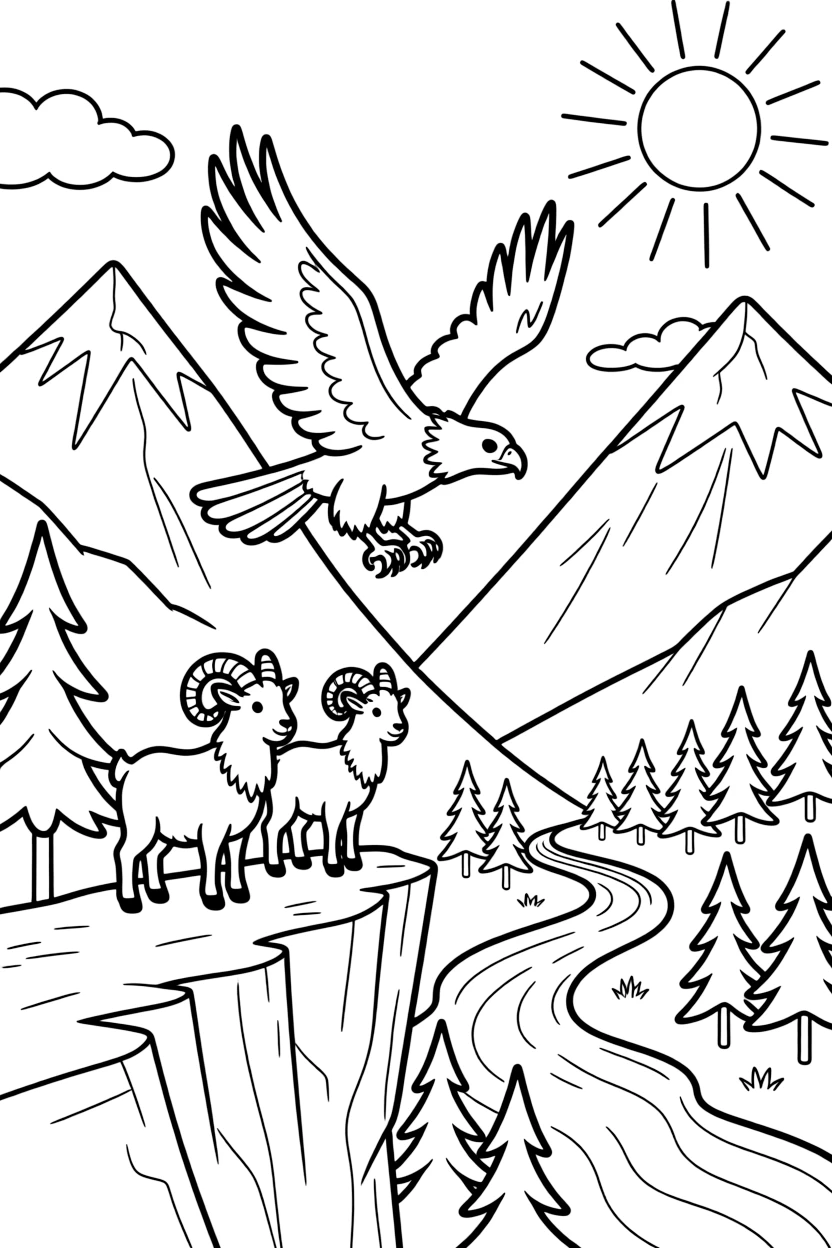 [Mountain Peaks] An eagle soars above jagged cliffs, wings spread wide against the towering mountain backdrop. A pair of mountain sheep with curled horns stand on a narrow ledge overlooking a deep valley. Snow-capped peaks tower over a valley filled with pine forests and a winding river below. Wisps of cloud drift past the summit as the morning sun paints the peaks in soft golden light.