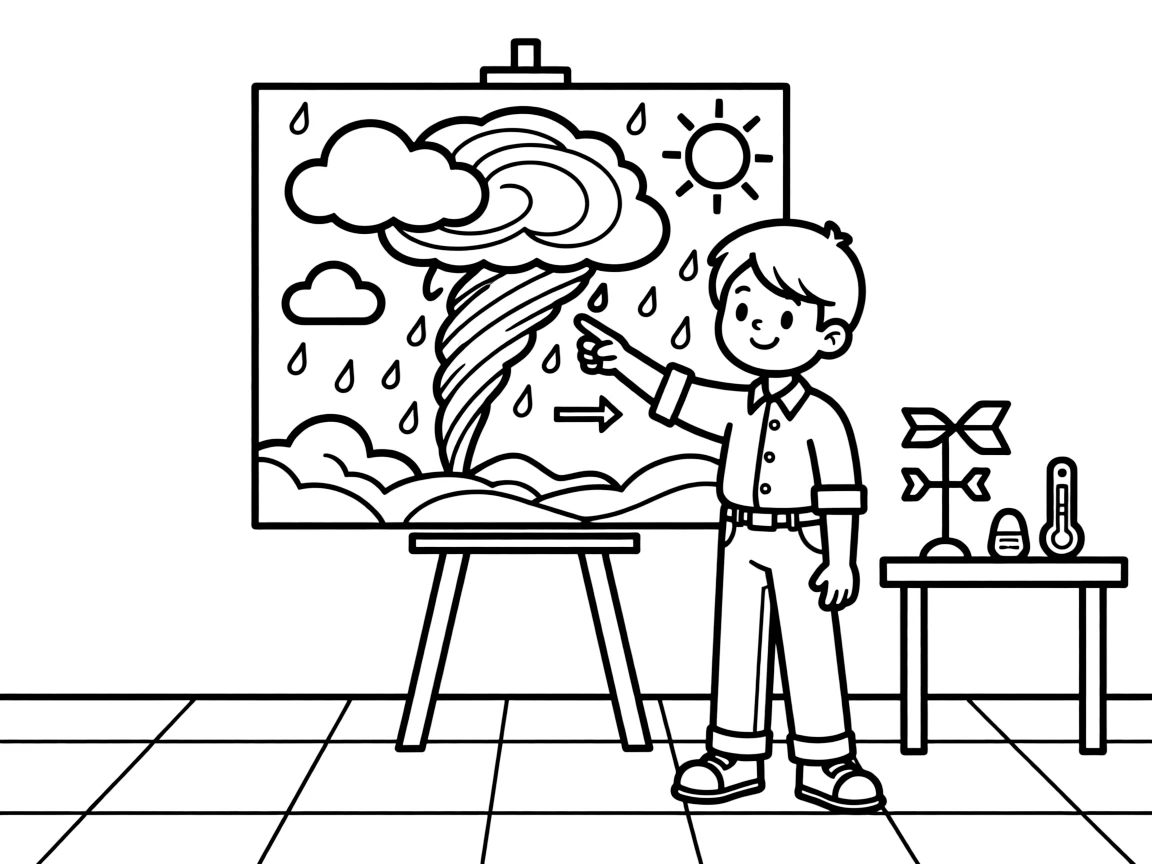 A meteorologist stands in front of a big weather map pointing at swirling storm clouds.