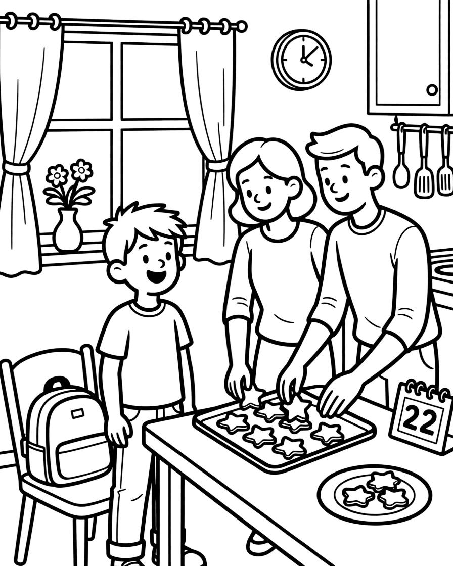 A preteen boy getting ready for school with a mom and dad as star-shaped cookies cool on a tray.