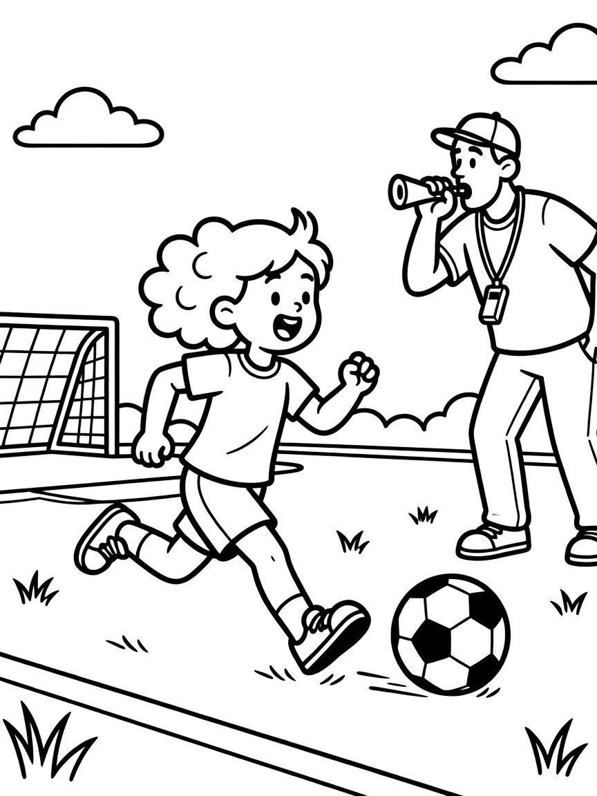 A little girl with curly hair, sprinting after a loose ball as the whistle blows for a fast counterattack.