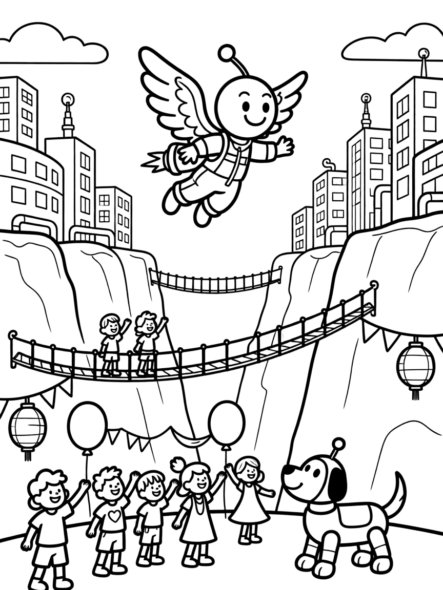 Tumble, a tiny winged alien creature learning to fly for the first time with a jetpack over a cyber skyline in a canyon planet crisscrossed with ziplines and rope bridges, as a robot dog wagging its antenna tail and a cheerful crowd gathered for a festival fill the scene.