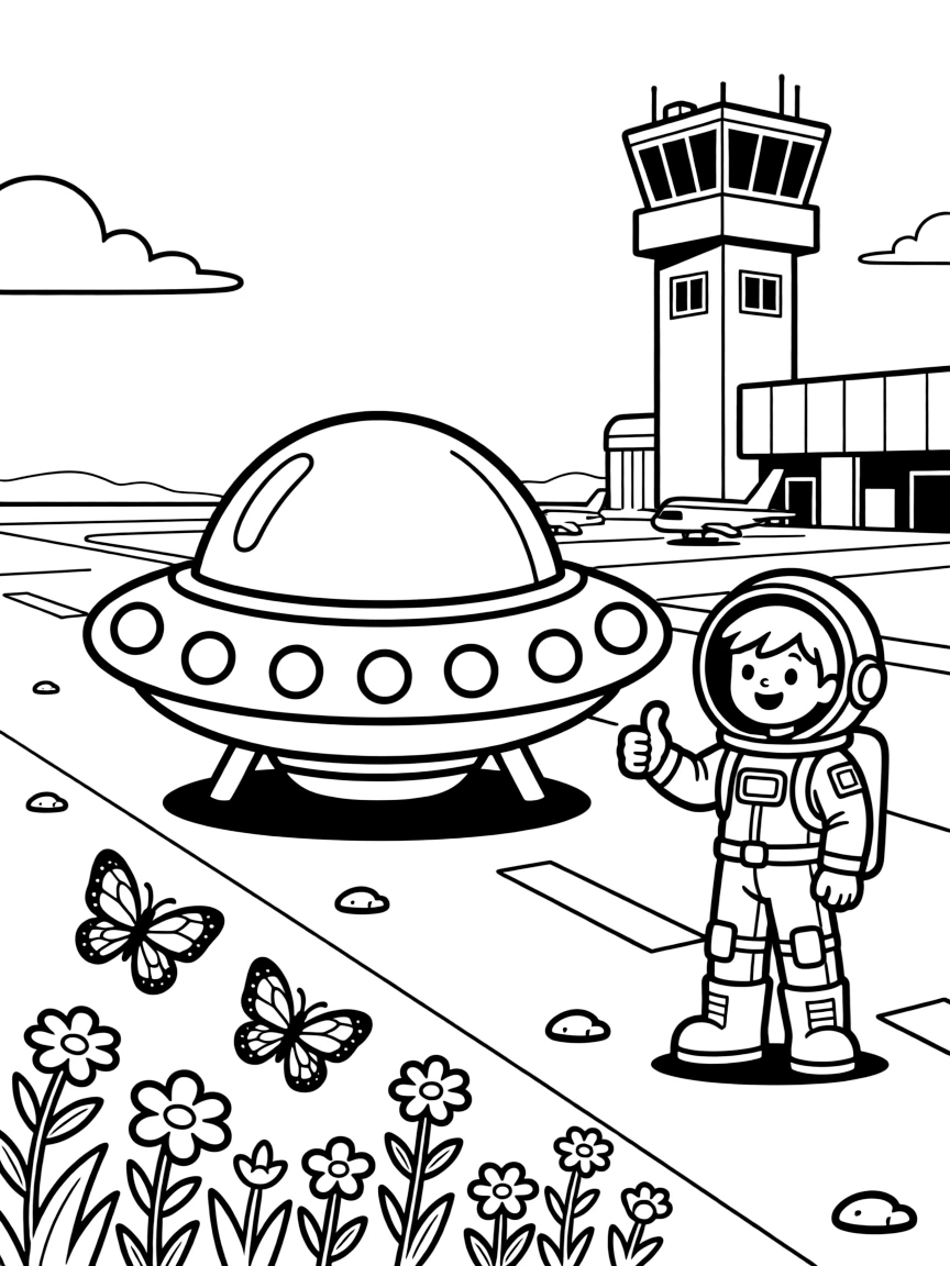 The scene captures a friendly saucer-shaped alien spaceship with glowing lights in the middle of a busy airport runway with a control tower in the distance, with a grinning astronaut giving a thumbs up nearby and butterflies fluttering near a patch of wildflowers sprinkled around for extra fun.