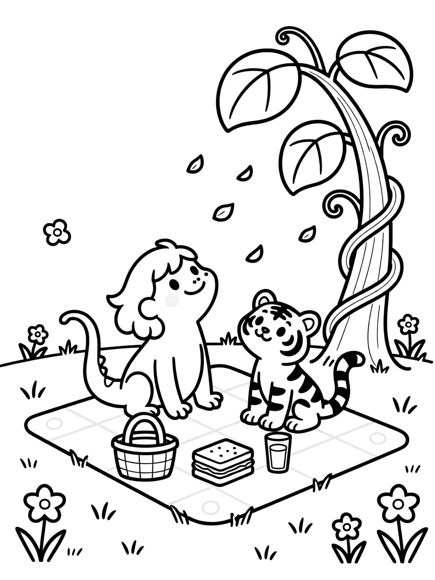 A gecko at a picnic in the park, stargazing on a blanket with a tiger cub, next to a giant beanstalk, while a gentle breeze scatters flower petals.
