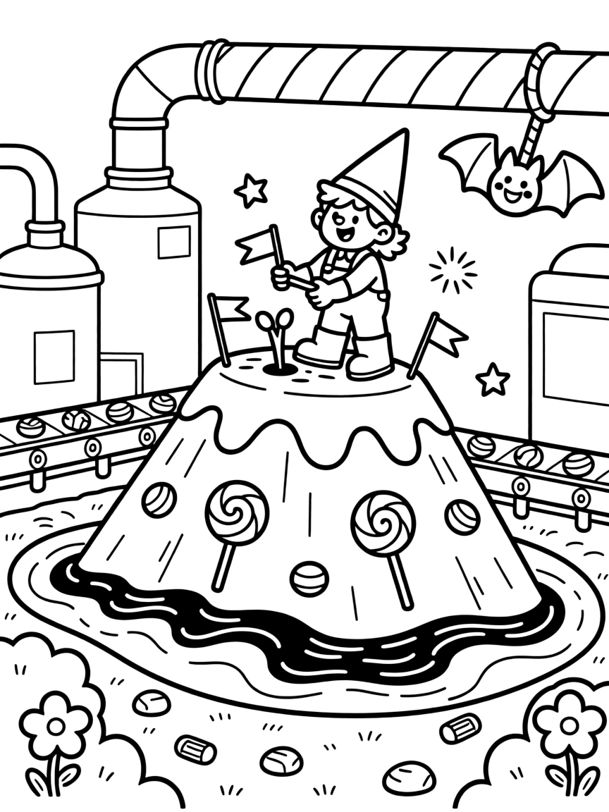Adventurous and full of excitement, a gnome gardener spends the day planting flags on top of a candy mountain summit inside a candy factory with rivers of chocolate. Nearby, a friendly bat hanging upside down nearby adds to the fun. Little cheers of excitement fill the air.
