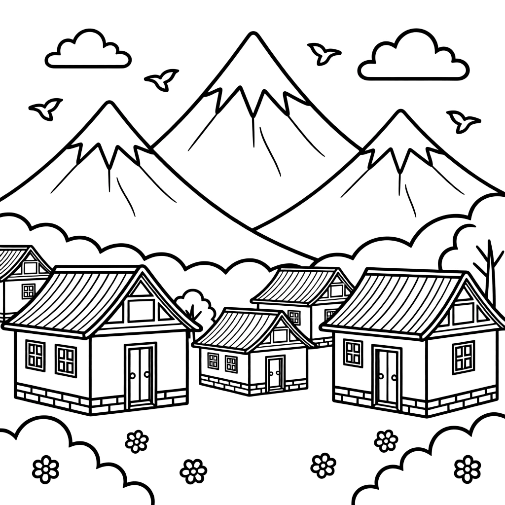 A coloring page celebrating Nepal featuring the snowy peaks of the Himalayas towering above a mountain village, with a few small birds in the sky and friendly clouds nearby.