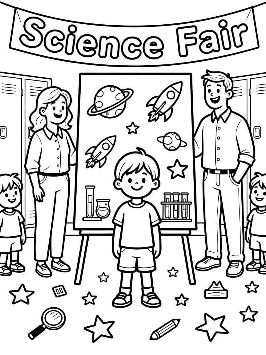 a proud small child presents a science fair project to a crowd of proud parents.