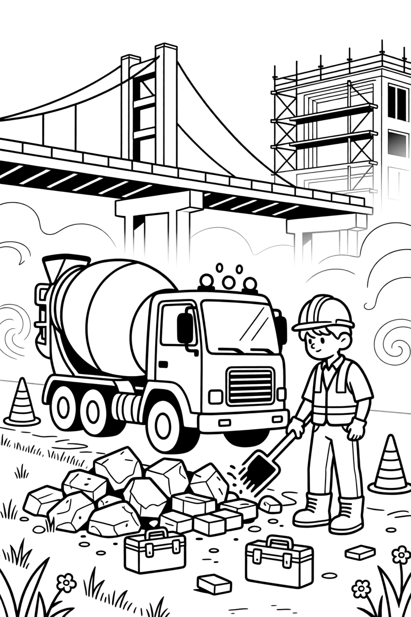 [Construction Vehicles] a cement mixer truck clearing a pile of rubble beside a new bridge under construction, concentrating hard with a focused expression. Nearby, a half-finished building frame rises behind. Warning lights blink atop the cab. The scene is captured on a foggy morning, with a light breeze blowing, giving the page a lively and adventurous feel that invites plenty of colorful detail.