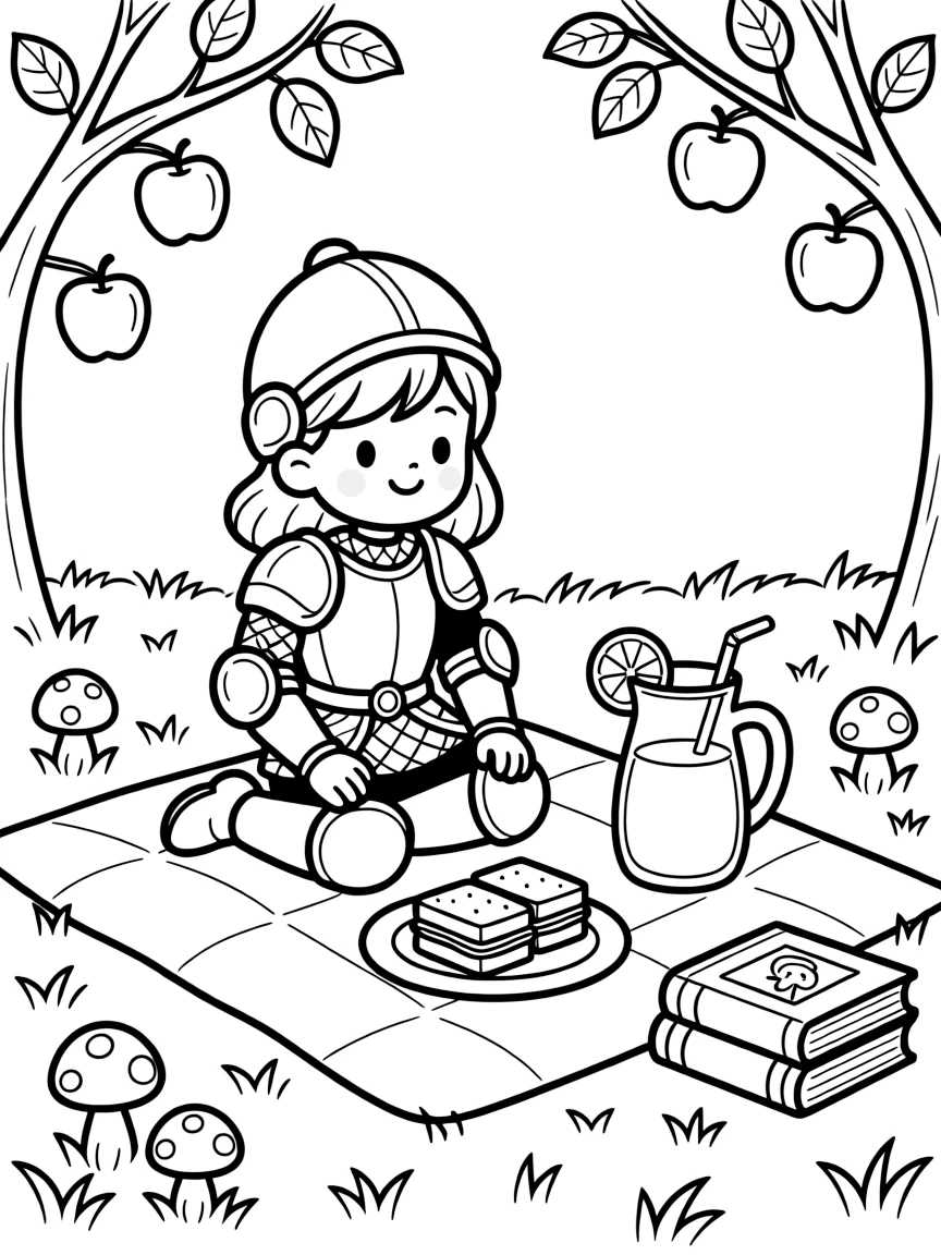 A girl knight in shining armor is sharing a picnic of tiny sandwiches and lemonade at an apple orchard during the autumn harvest. Just beyond, a stack of well-loved picture books nearby and tiny mushrooms with spotted caps peeking through the grass bring the scene to life.