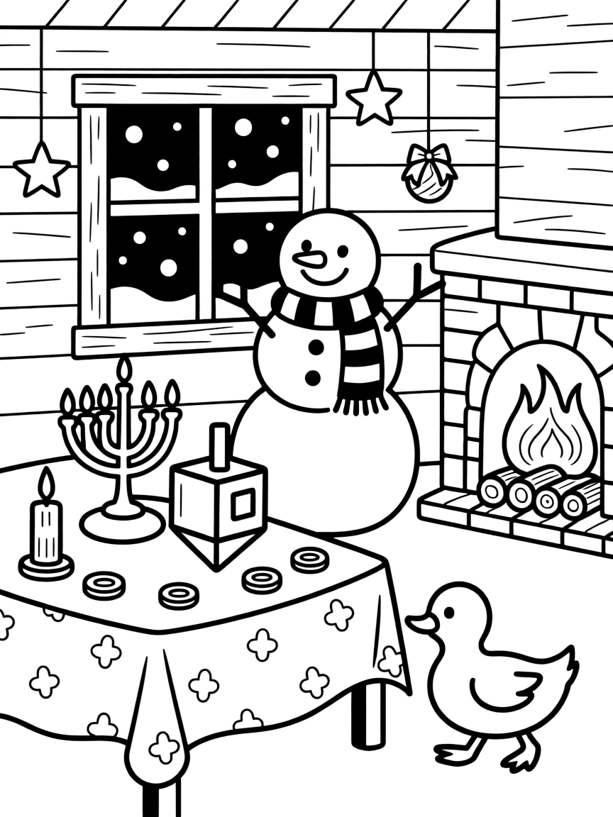 A spinning dreidel on a festive table in a cozy cabin with a crackling fireplace, with a waddling duckling playing close by amid a stack of wrapped gifts and a cheerful snowman with a striped scarf.