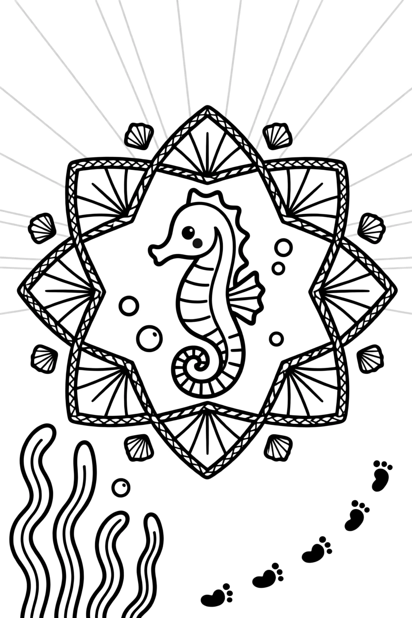 Ocean Creatures: The main subject is a seahorse with a curled tail and tiny fins, drawn as the focal point of a hexagon-based mandala built from six matching wedges. It is positioned in the middle of the page so the design radiates outward evenly in every direction. Decorative details fill the surrounding space, including rows of scalloped fan shapes, bands of braided rope shapes, and rays fanning out like a small sunburst woven throughout the background. A playful extra touch completes the page: a few tiny footprints trailing off toward one edge of the page.