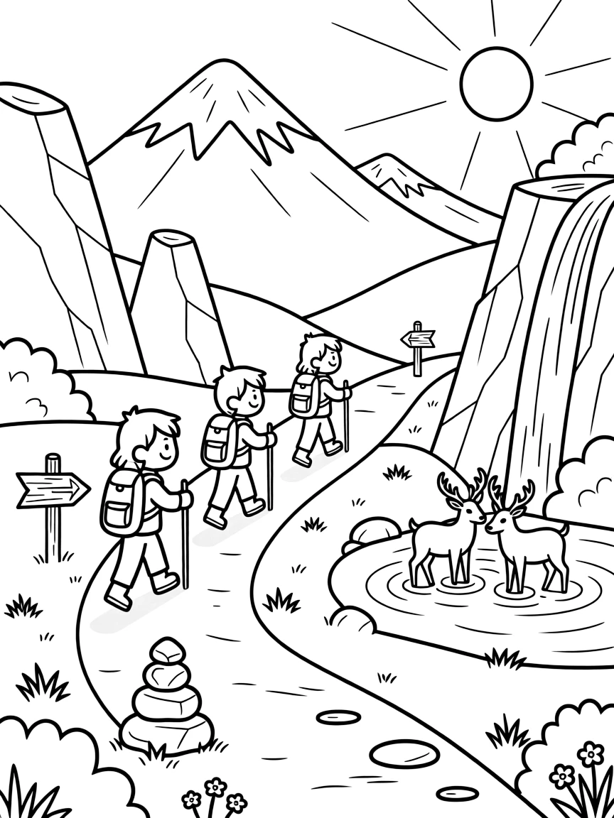 [Mountain Peaks] A group of hikers, backpacks and walking sticks in hand, follow a winding trail toward a snowy peak. A small waterfall cascades down the rocky face into a clear pool where deer come to drink. Jagged rock formations rise beside a winding trail marked with cairns and wooden signposts. Late afternoon light glows across the ridgeline, casting long shadows over the rocky trail.