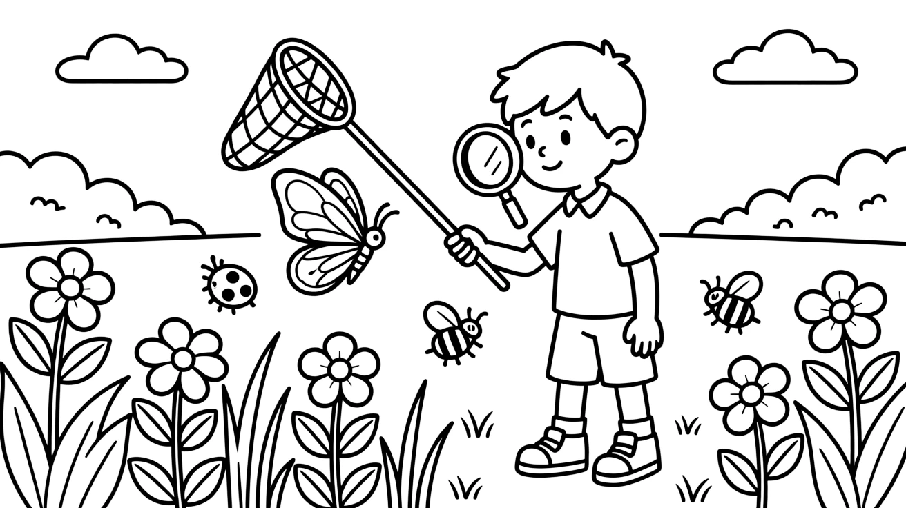 An entomologist examines a colorful butterfly with a net and magnifying glass in a garden.