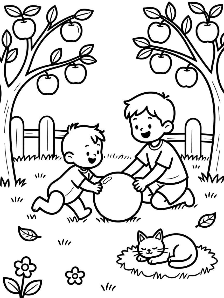 A crawling baby rolling a ball back and forth with a big brother in an orchard while a kitten naps in a sunny spot.