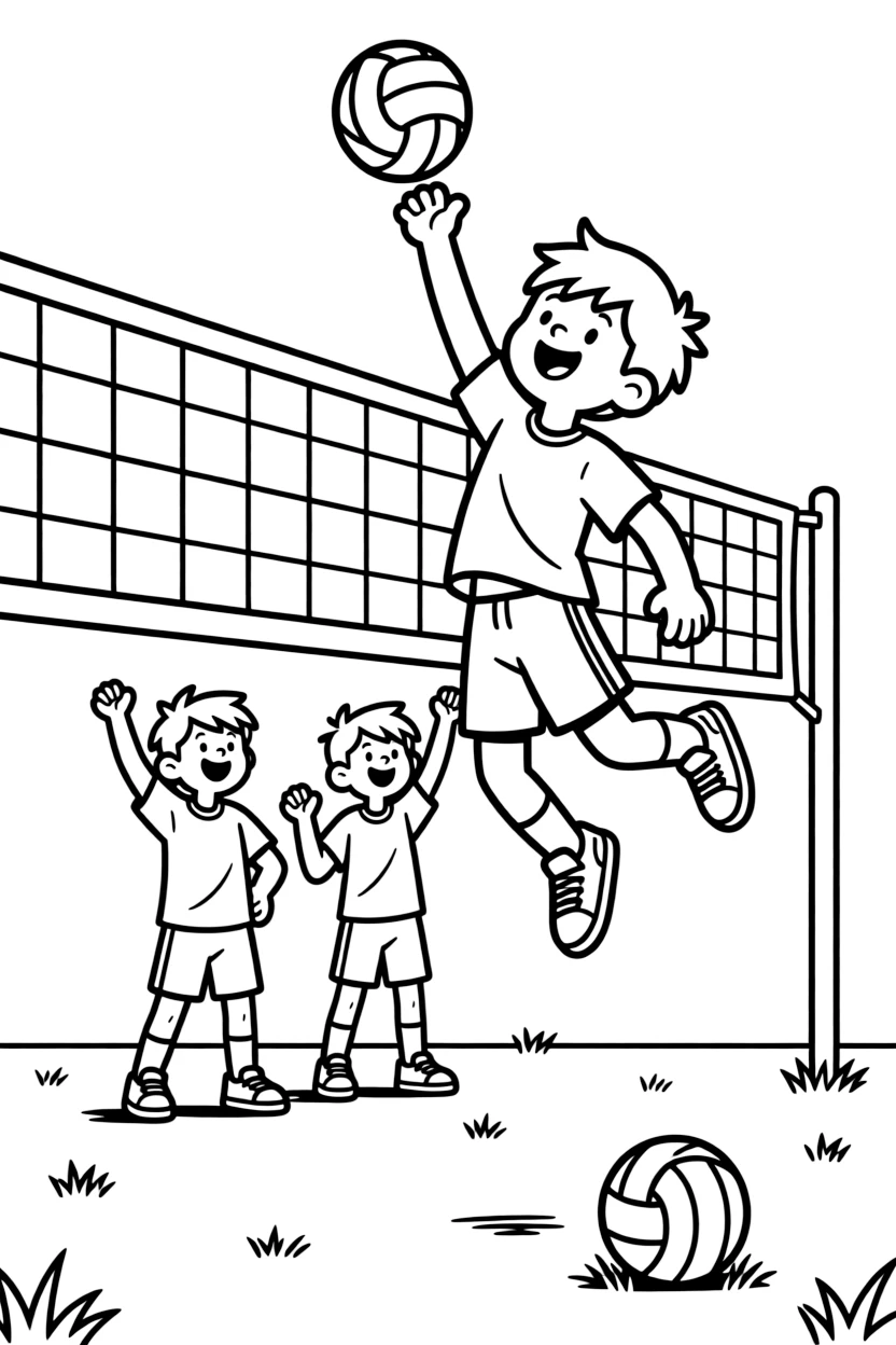 A cheerful young boy, spiking the ball over the net with a powerful jump as teammates cheer below.