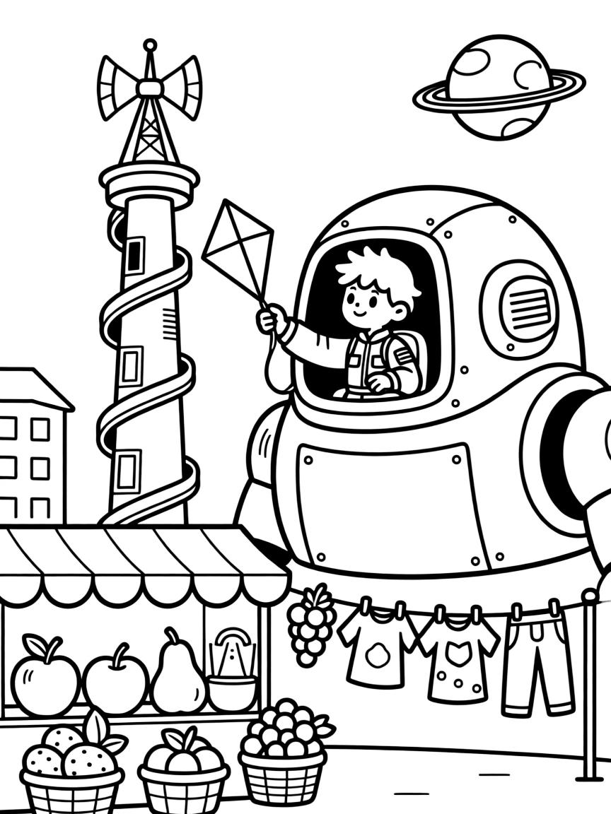 Young pilot Zephyr riding inside the friendly giant mech Vanguard rescuing a kite tangled in the antenna of a radio tower in a spiral space elevator connecting a planet to its orbiting station, as a busy market stall selling glowing fruit and a line of laundry fluttering between two towers fill the scene.