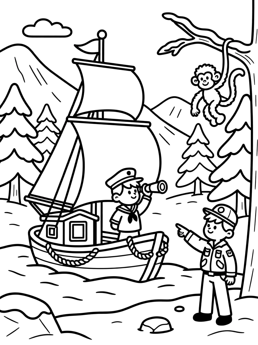 A treasure-hunting sailboat with a spyglass-holding captain takes center stage in a snowy mountain pass with pine trees dusted in white, where a park ranger pointing out something in the distance can be seen nearby, surrounded by a friendly monkey swinging through nearby branches.