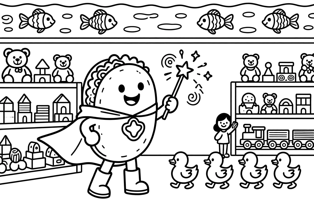 A bouncy taco superhero is practicing magic tricks with a sparkly wand in a toy store after the lights go out, joined by a family of ducklings waddling in a neat line and a school of rainbow fish swimming past. Everyone claps and cheers at the happy sight.